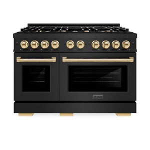 ZLINE Autograph Edition 48 in. 6.7 cu. ft. Select Double Oven Dual Fuel Range with 8 Burner Gas Cooktop in Black Stainless Steel and Polished Gold Accents (HDRBZ-48-G) front, oven closed.