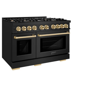 ZLINE Autograph Edition 48 in. 6.7 cu. ft. Select Double Oven Dual Fuel Range with 8 Burner Gas Cooktop in Black Stainless Steel and Polished Gold Accents (HDRBZ-48-G) side, closed.
