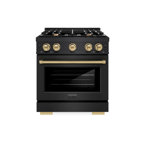 ZLINE Autograph Edition 30 in. 4.2 cu. ft. Select Gas Range with 4 Burner Cooktop and Convection Gas Oven in Black Stainless Steel and Champagne Bronze Accents (HGRBZ-30-CB) front.