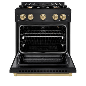 ZLINE Autograph Edition 30 in. 4.2 cu. ft. Select Gas Range with 4 Burner Cooktop and Convection Gas Oven in Black Stainless Steel and Champagne Bronze Accents (HGRBZ-30-CB) front, oven open.