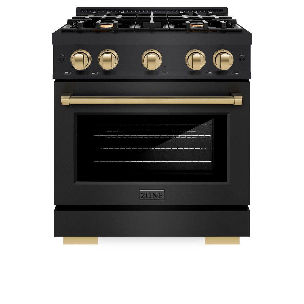 ZLINE Autograph Edition 30 in. 4.2 cu. ft. Select Gas Range with 4 Burner Cooktop and Convection Gas Oven in Black Stainless Steel and Champagne Bronze Accents (HGRBZ-30-CB) front, closed.