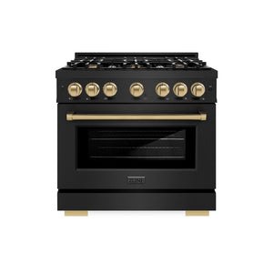 ZLINE Autograph Edition 36 in. 5.2 cu. ft. Select Gas Range with 6 Burner Cooktop and Convection Gas Oven in Black Stainless Steel and Champagne Bronze Accents (HGRBZ-36-CB) front, oven closed.