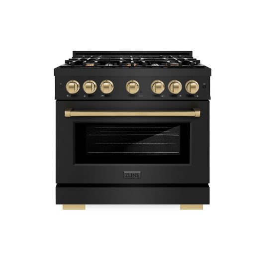 ZLINE Autograph Edition 36 in. 5.2 cu. ft. Select Gas Range with 6 Burner Cooktop and Convection Gas Oven in Black Stainless Steel and Champagne Bronze Accents (HGRBZ-36-CB) front.