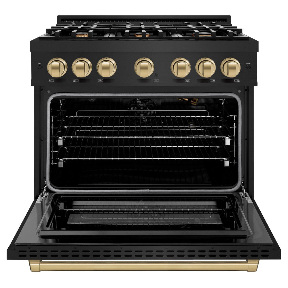 ZLINE Autograph Edition 36 in. 5.2 cu. ft. Select Gas Range with 6 Burner Cooktop and Convection Gas Oven in Black Stainless Steel and Champagne Bronze Accents (HGRBZ-36-CB) front, open.