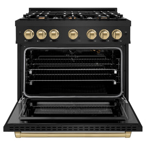 ZLINE Autograph Edition 36 in. 5.2 cu. ft. Select Gas Range with 6 Burner Cooktop and Convection Gas Oven in Black Stainless Steel and Champagne Bronze Accents (HGRBZ-36-CB) front, oven open.