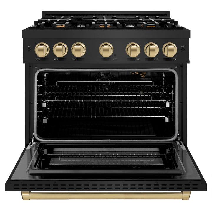 ZLINE Autograph Edition 36 in. 5.2 cu. ft. Select Gas Range with 6 Burner Cooktop and Convection Gas Oven in Black Stainless Steel and Champagne Bronze Accents (HGRBZ-36-CB) front, open.