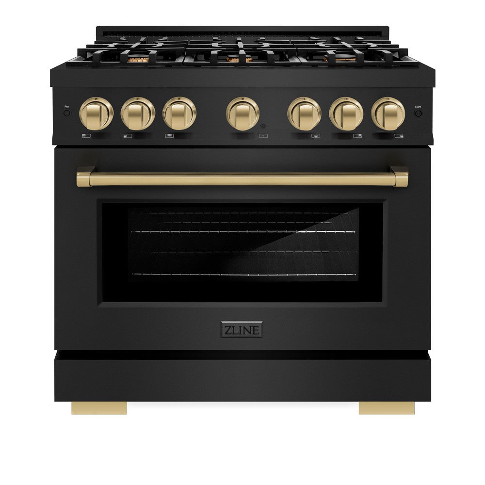 ZLINE Autograph Edition 36 in. 5.2 cu. ft. Select Gas Range with 6 Burner Cooktop and Convection Gas Oven in Black Stainless Steel and Champagne Bronze Accents (HGRBZ-36-CB) front, closed.