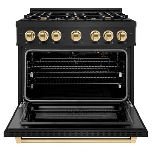 ZLINE Autograph Edition 36 in. 5.2 cu. ft. Select Gas Range with 6 Burner Cooktop and Convection Gas Oven in Black Stainless Steel and Polished Gold Accents (HGRBZ-36-G) front, oven open.