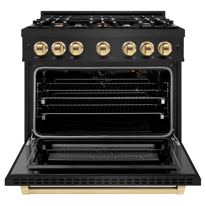 ZLINE Autograph Edition 36 in. 5.2 cu. ft. Select Gas Range with 6 Burner Cooktop and Convection Gas Oven in Black Stainless Steel and Polished Gold Accents (HGRBZ-36-G) front, open.