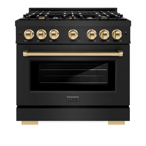 ZLINE Autograph Edition 36 in. 5.2 cu. ft. Select Gas Range with 6 Burner Cooktop and Convection Gas Oven in Black Stainless Steel and Polished Gold Accents (HGRBZ-36-G) front, oven closed.