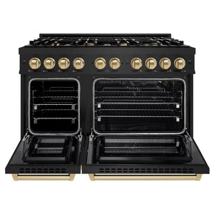 ZLINE Autograph Edition 48 in. 6.7 cu. ft. Select Double Oven Gas Range with 8 Burner Cooktop in Black Stainless Steel and Champagne Bronze Accents (HGRBZ-48-CB) front, oven open.
