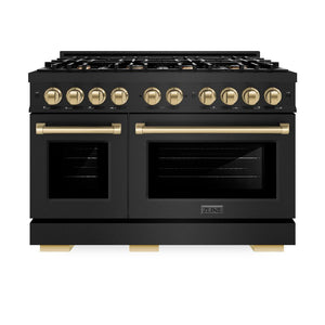 ZLINE Autograph Edition 48 in. 6.7 cu. ft. Select Double Oven Gas Range with 8 Burner Cooktop in Black Stainless Steel and Champagne Bronze Accents (HGRBZ-48-CB) front, oven closed.