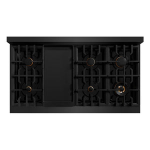 ZLINE Autograph Edition 48 in. 6.7 cu. ft. Select Double Oven Gas Range with 8 Burner Cooktop in Black Stainless Steel and Champagne Bronze Accents (HGRBZ-48-CB) top-down, above cooktop.