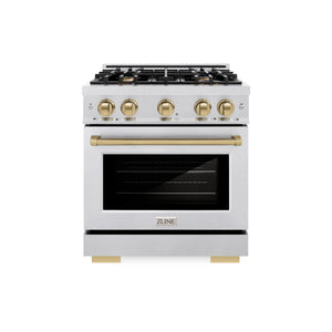 ZLINE Autograph Edition 30 in. 4.2 cu. ft. Select Dual Fuel Range with 4 Burner Gas Cooktop and Electric Convection Oven in DuraSnow® Stainless Steel with Champagne Bronze Accents (HDRSZ-30-CB) front.