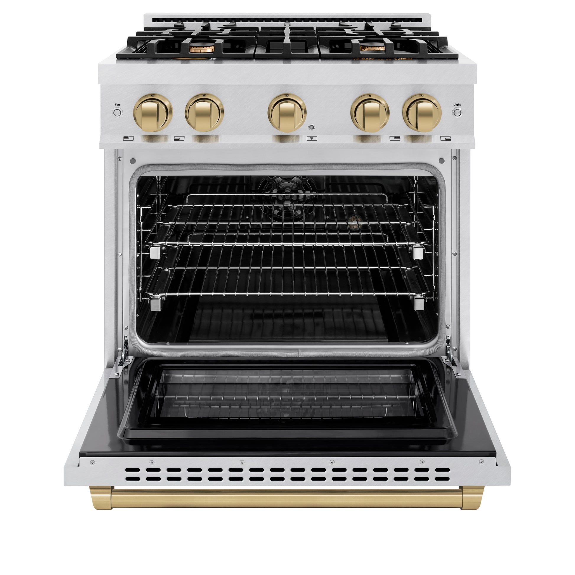 ZLINE Autograph Edition 30 in. 4.2 cu. ft. Select Dual Fuel Range with 4 Burner Gas Cooktop and Electric Convection Oven in DuraSnow® Stainless Steel with Champagne Bronze Accents (HDRSZ-30-CB) front, open.