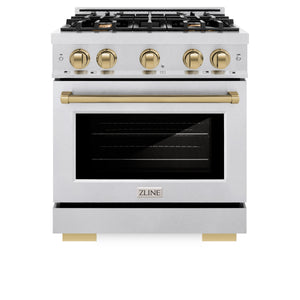 ZLINE Autograph Edition 30 in. 4.2 cu. ft. Select Dual Fuel Range with 4 Burner Gas Cooktop and Electric Convection Oven in DuraSnow® Stainless Steel with Champagne Bronze Accents (HDRSZ-30-CB)