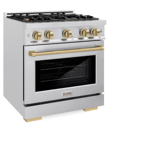 ZLINE Autograph Edition 30 in. 4.2 cu. ft. Select Dual Fuel Range with 4 Burner Gas Cooktop and Electric Convection Oven in DuraSnow® Stainless Steel with Champagne Bronze Accents (HDRSZ-30-CB) side, closed.