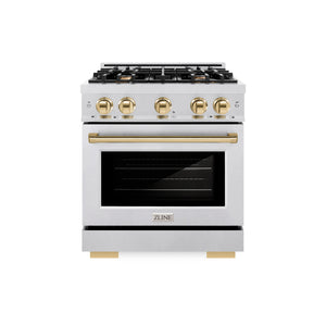 ZLINE Autograph Edition 30 in. 4.2 cu. ft. Select Dual Fuel Range with 4 Burner Gas Cooktop and Electric Convection Oven in DuraSnow® Stainless Steel with Polished Gold Accents (HDRSZ-30-G) front.