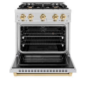 ZLINE Autograph Edition 30 in. 4.2 cu. ft. Select Dual Fuel Range with 4 Burner Gas Cooktop and Electric Convection Oven in DuraSnow® Stainless Steel with Polished Gold Accents (HDRSZ-30-G) front, open.