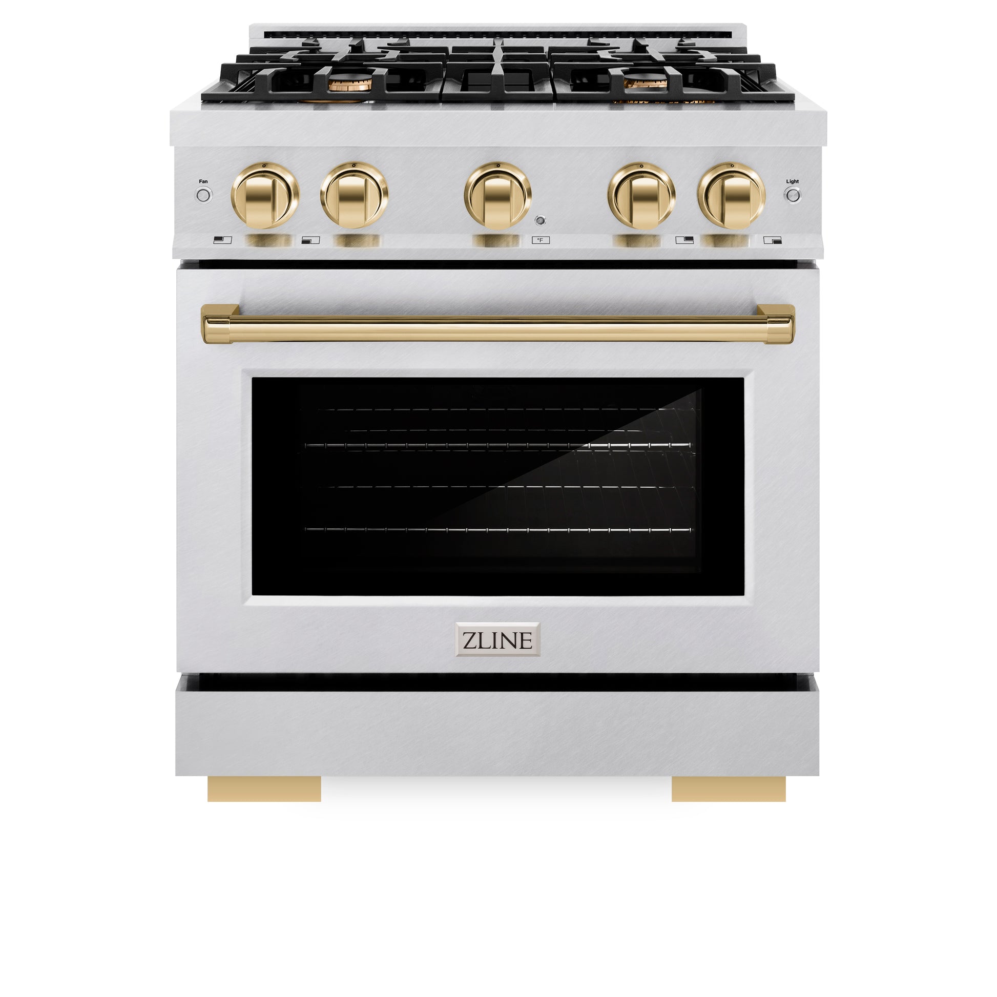 ZLINE Autograph Edition 30 in. 4.2 cu. ft. Select Dual Fuel Range with 4 Burner Gas Cooktop and Electric Convection Oven in DuraSnow® Stainless Steel with Polished Gold Accents (HDRSZ-30-G) front, closed.