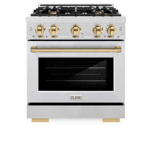 ZLINE Autograph Edition 30 in. 4.2 cu. ft. Select Dual Fuel Range with 4 Burner Gas Cooktop and Electric Convection Oven in DuraSnow® Stainless Steel with Polished Gold Accents (HDRSZ-30-G) front, closed.