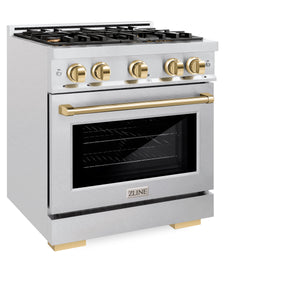 ZLINE Autograph Edition 30 in. 4.2 cu. ft. Select Dual Fuel Range with 4 Burner Gas Cooktop and Electric Convection Oven in DuraSnow® Stainless Steel with Polished Gold Accents (HDRSZ-30-G) side, closed.