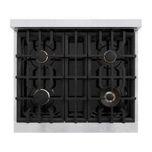 ZLINE Autograph Edition 30 in. 4.2 cu. ft. Select Dual Fuel Range with 4 Burner Gas Cooktop and Electric Convection Oven in DuraSnow® Stainless Steel with Polished Gold Accents (HDRSZ-30-G) top-down, above cooktop.