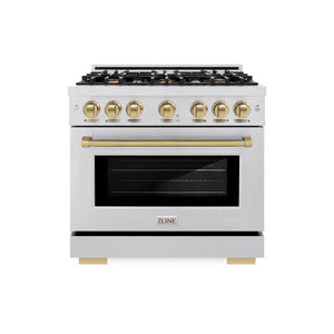 ZLINE Autograph Edition 36 in. 5.2 cu. ft. Select Dual Fuel Range with 6 Burner Gas Cooktop and Electric Convection Oven in DuraSnow® Stainless Steel with Champagne Bronze Accents (HDRSZ-36-CB) front.