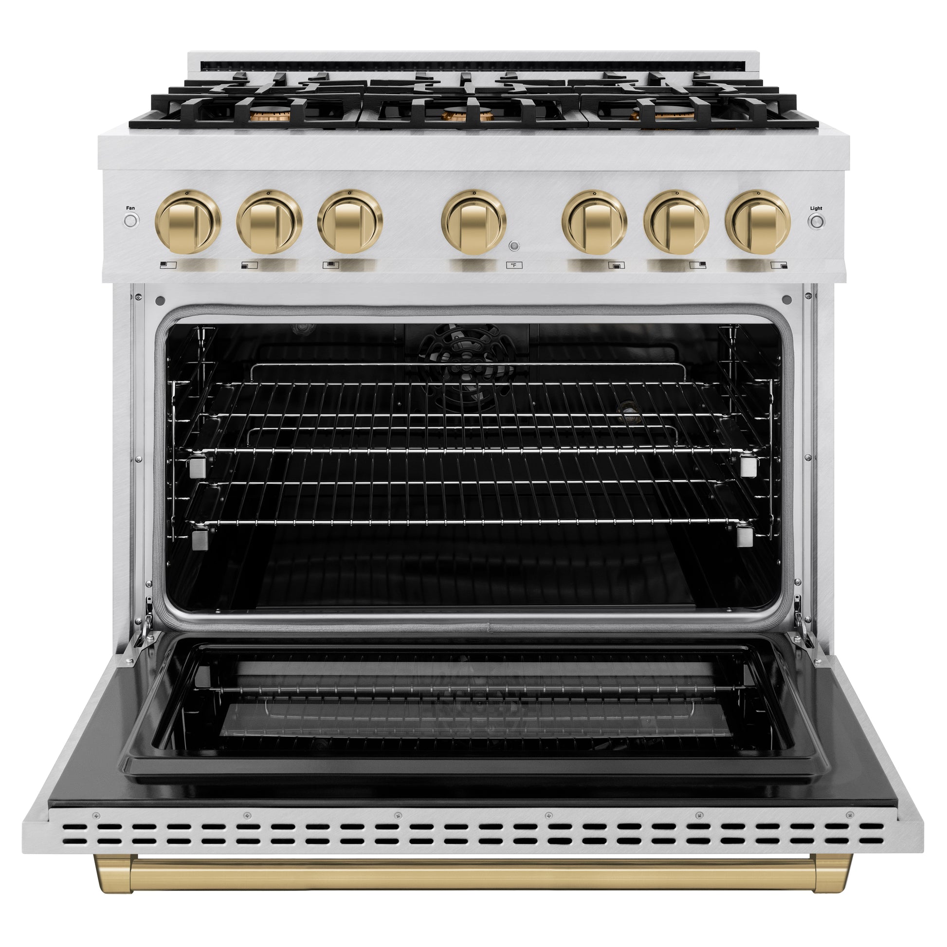 ZLINE Autograph Edition 36 in. 5.2 cu. ft. Select Dual Fuel Range with 6 Burner Gas Cooktop and Electric Convection Oven in DuraSnow® Stainless Steel with Champagne Bronze Accents (HDRSZ-36-CB) front, open.