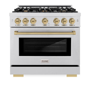 ZLINE Autograph Edition 36 in. 5.2 cu. ft. Select Dual Fuel Range with 6 Burner Gas Cooktop and Electric Convection Oven in DuraSnow® Stainless Steel with Champagne Bronze Accents (HDRSZ-36-CB)