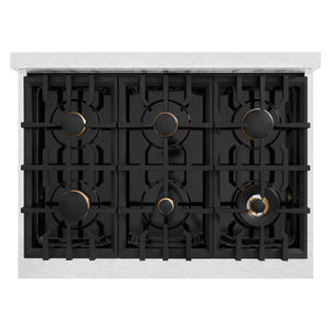 ZLINE Autograph Edition 36 in. 5.2 cu. ft. Select Dual Fuel Range with 6 Burner Gas Cooktop and Electric Convection Oven in DuraSnow® Stainless Steel with Champagne Bronze Accents (HDRSZ-36-CB) top-down, above cooktop.