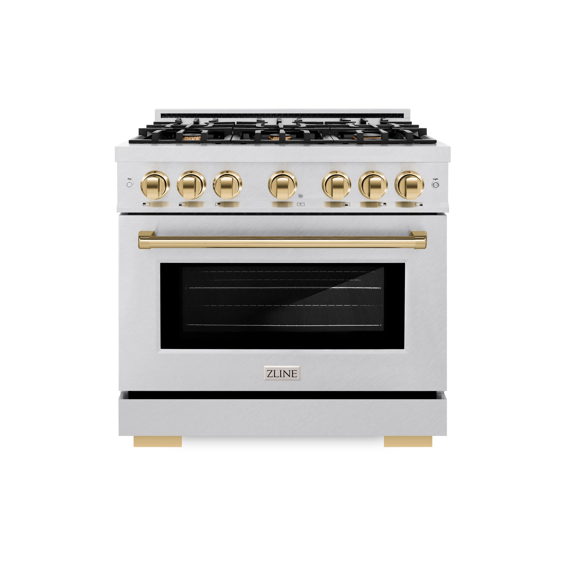 ZLINE Autograph Edition 36 in. 5.2 cu. ft. Select Dual Fuel Range with 6 Burner Gas Cooktop and Electric Convection Oven in DuraSnow® Stainless Steel with Polished Gold Accents (HDRSZ-36-G) front.