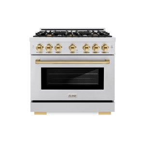 ZLINE Autograph Edition 36 in. 5.2 cu. ft. Select Dual Fuel Range with 6 Burner Gas Cooktop and Electric Convection Oven in DuraSnow® Stainless Steel with Polished Gold Accents (HDRSZ-36-G) front.