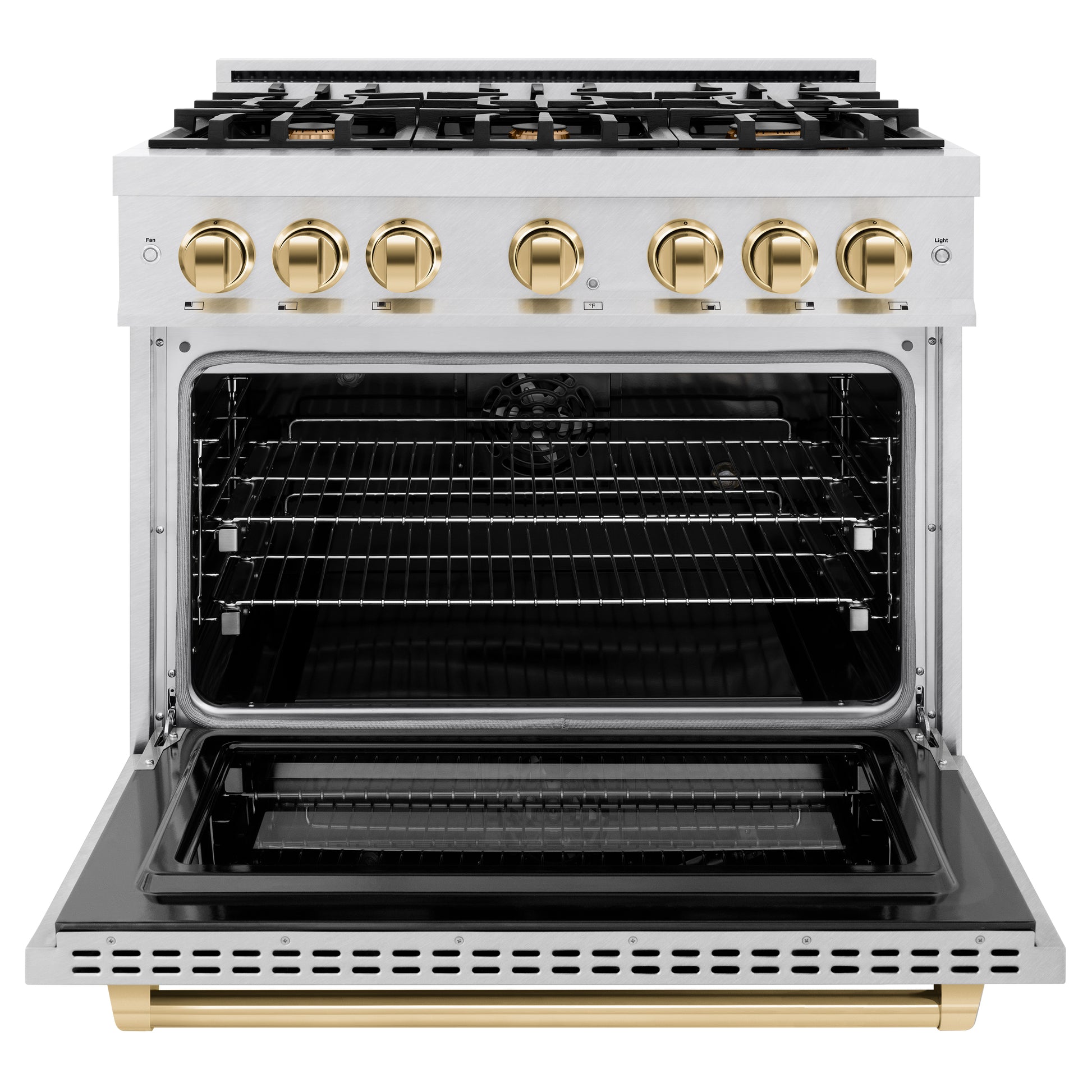 ZLINE Autograph Edition 36 in. 5.2 cu. ft. Select Dual Fuel Range with 6 Burner Gas Cooktop and Electric Convection Oven in DuraSnow® Stainless Steel with Polished Gold Accents (HDRSZ-36-G) front, open.