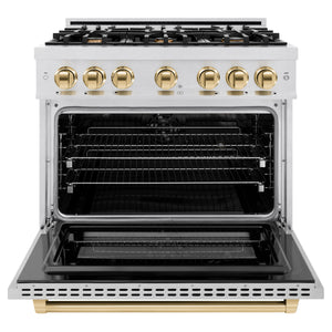 ZLINE Autograph Edition 36 in. 5.2 cu. ft. Select Dual Fuel Range with 6 Burner Gas Cooktop and Electric Convection Oven in DuraSnow® Stainless Steel with Polished Gold Accents (HDRSZ-36-G) front, open.