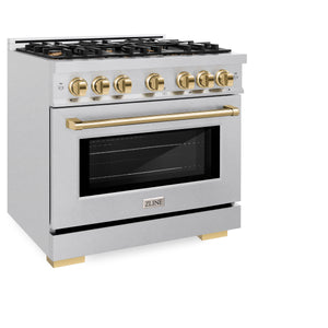 ZLINE Autograph Edition 36 in. 5.2 cu. ft. Select Dual Fuel Range with 6 Burner Gas Cooktop and Electric Convection Oven in DuraSnow® Stainless Steel with Polished Gold Accents (HDRSZ-36-G) side, closed.