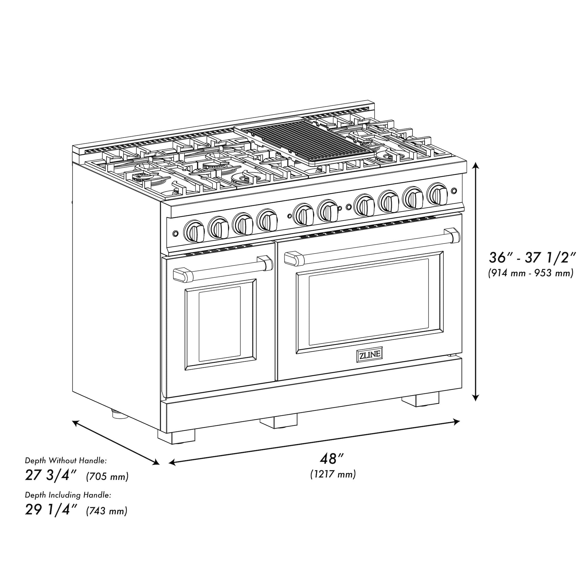 ZLINE Autograph Edition 48 in. 6.7 cu. ft. Select Double Oven Dual Fuel Range with 8 Burner Gas Cooktop in DuraSnow® Stainless Steel and Champagne Bronze Accents (HDRSZ-48-CB) dimensional diagram.