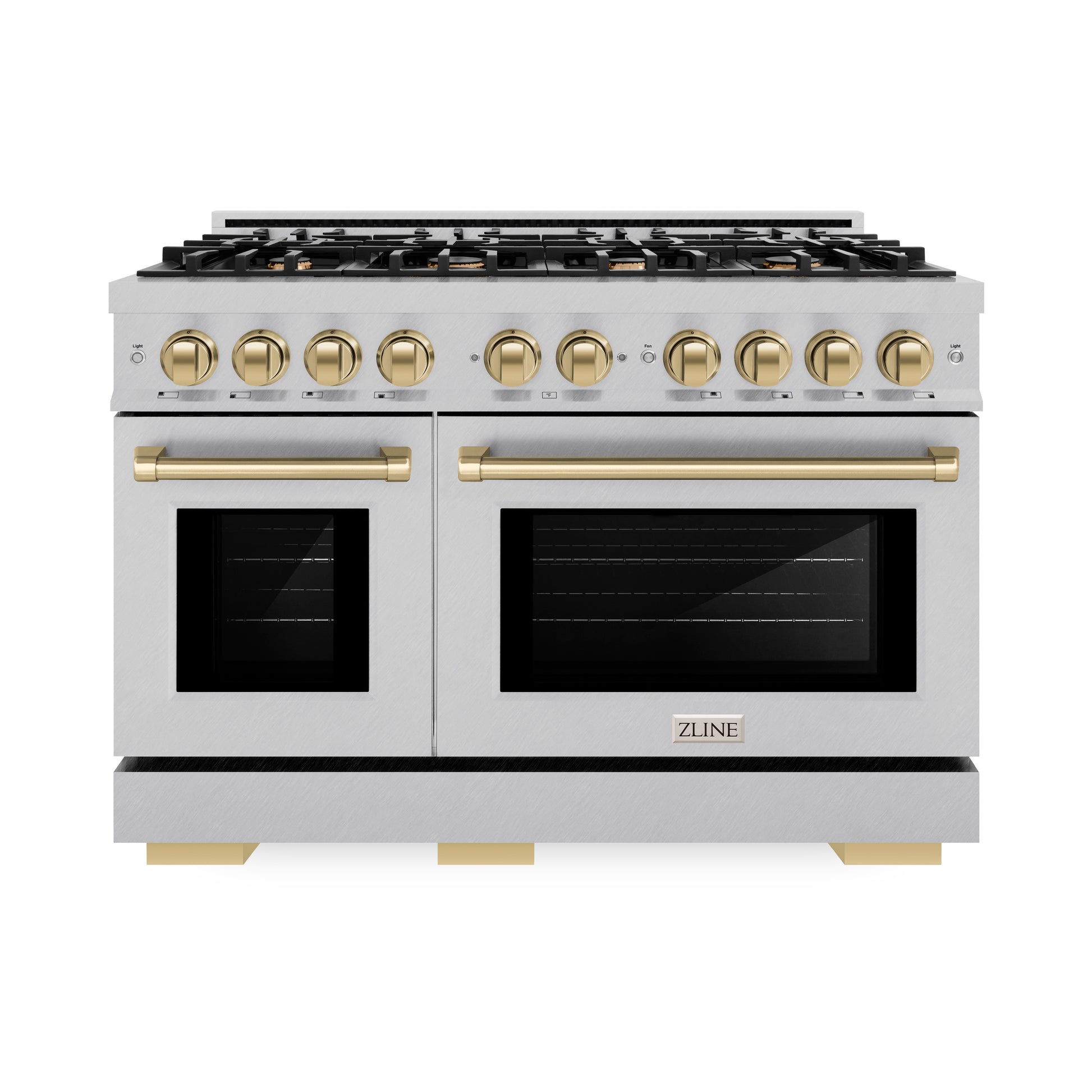 ZLINE Autograph Edition 48 in. 6.7 cu. ft. Select Double Oven Dual Fuel Range with 8 Burner Gas Cooktop in DuraSnow® Stainless Steel and Champagne Bronze Accents (HDRSZ-48-CB) front.