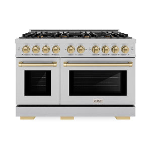 ZLINE Autograph Edition 48 in. 6.7 cu. ft. Select Double Oven Dual Fuel Range with 8 Burner Gas Cooktop in DuraSnow® Stainless Steel and Champagne Bronze Accents (HDRSZ-48-CB) front.