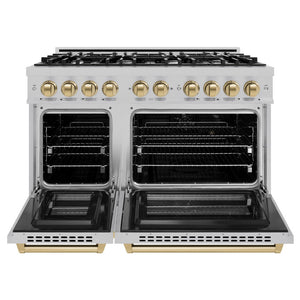 ZLINE Autograph Edition 48 in. 6.7 cu. ft. Select Double Oven Dual Fuel Range with 8 Burner Gas Cooktop in DuraSnow® Stainless Steel and Champagne Bronze Accents (HDRSZ-48-CB) front, open.