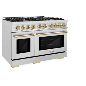 ZLINE Autograph Edition 48 in. 6.7 cu. ft. Select Double Oven Dual Fuel Range with 8 Burner Gas Cooktop in DuraSnow® Stainless Steel and Champagne Bronze Accents (HDRSZ-48-CB) side, closed.