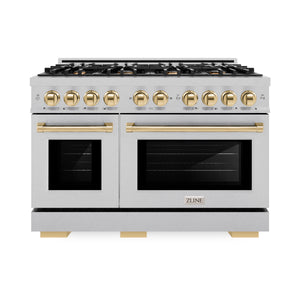 ZLINE Autograph Edition 48 in. 6.7 cu. ft. Select Double Oven Dual Fuel Range with 8 Burner Gas Cooktop in DuraSnow® Stainless Steel and Polished Gold Accents (HDRSZ-48-G) front.