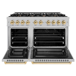 ZLINE Autograph Edition 48 in. 6.7 cu. ft. Select Double Oven Dual Fuel Range with 8 Burner Gas Cooktop in DuraSnow® Stainless Steel and Polished Gold Accents (HDRSZ-48-G) front, open.