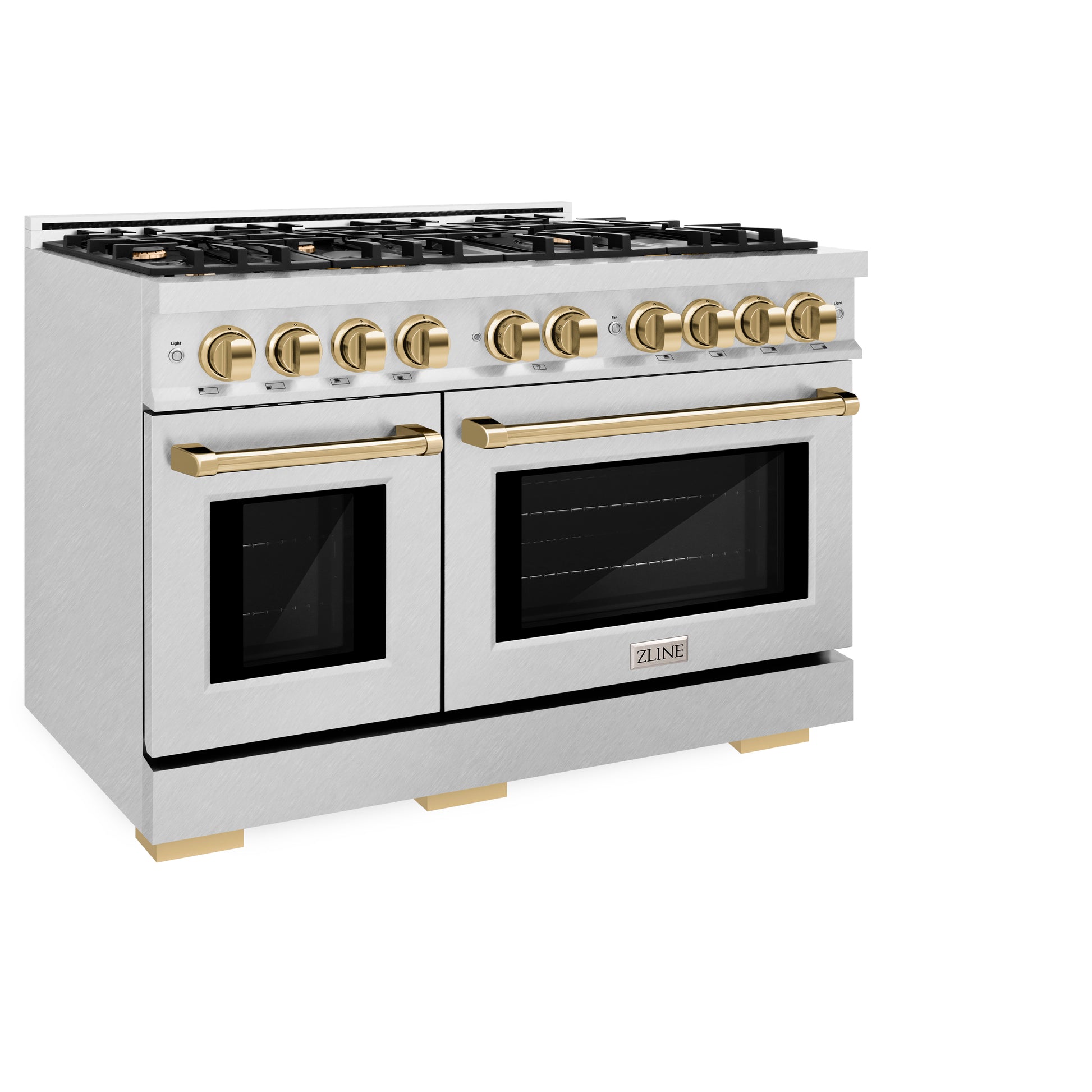 ZLINE Autograph Edition 48 in. 6.7 cu. ft. Select Double Oven Dual Fuel Range with 8 Burner Gas Cooktop in DuraSnow® Stainless Steel and Polished Gold Accents (HDRSZ-48-G) side, closed.