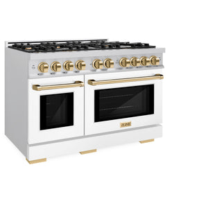 ZLINE Autograph Edition 48 in. 6.7 cu. ft. Select Double Oven Dual Fuel Range with 8 Burner Gas Cooktop in DuraSnow® Stainless Steel with White Matte Doors and Polished Gold Accents (HDRSZ-WM-48-G) side, closed.