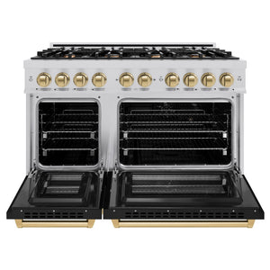 ZLINE Autograph Edition 48 in. 6.7 cu. ft. Select Double Oven Dual Fuel Range with 8 Burner Gas Cooktop in Stainless Steel with Black Matte Doors and Champagne Bronze Accents (HDRZ-BLM-48-CB) front, oven open.