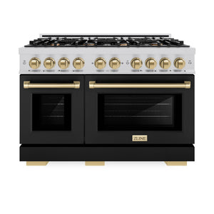 ZLINE Autograph Edition 48 in. 6.7 cu. ft. Select Double Oven Dual Fuel Range with 8 Burner Gas Cooktop in Stainless Steel with Black Matte Doors and Champagne Bronze Accents (HDRZ-BLM-48-CB) front, oven closed.