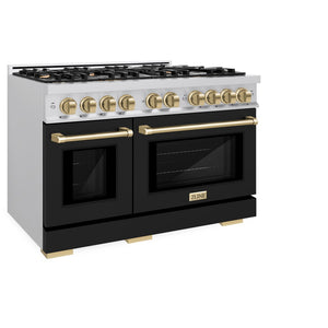 ZLINE Autograph Edition 48 in. 6.7 cu. ft. Select Double Oven Dual Fuel Range with 8 Burner Gas Cooktop in Stainless Steel with Black Matte Doors and Champagne Bronze Accents (HDRZ-BLM-48-CB) side, closed.