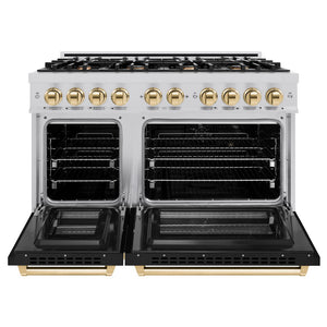 ZLINE Autograph Edition 48 in. 6.7 cu. ft. Select Double Oven Dual Fuel Range with 8 Burner Gas Cooktop in Stainless Steel with Black Matte Doors and Polished Gold Accents (HDRZ-BLM-48-G) front, oven open.