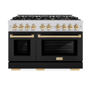 ZLINE Autograph Edition 48 in. 6.7 cu. ft. Select Double Oven Dual Fuel Range with 8 Burner Gas Cooktop in Stainless Steel with Black Matte Doors and Polished Gold Accents (HDRZ-BLM-48-G) front, oven closed.